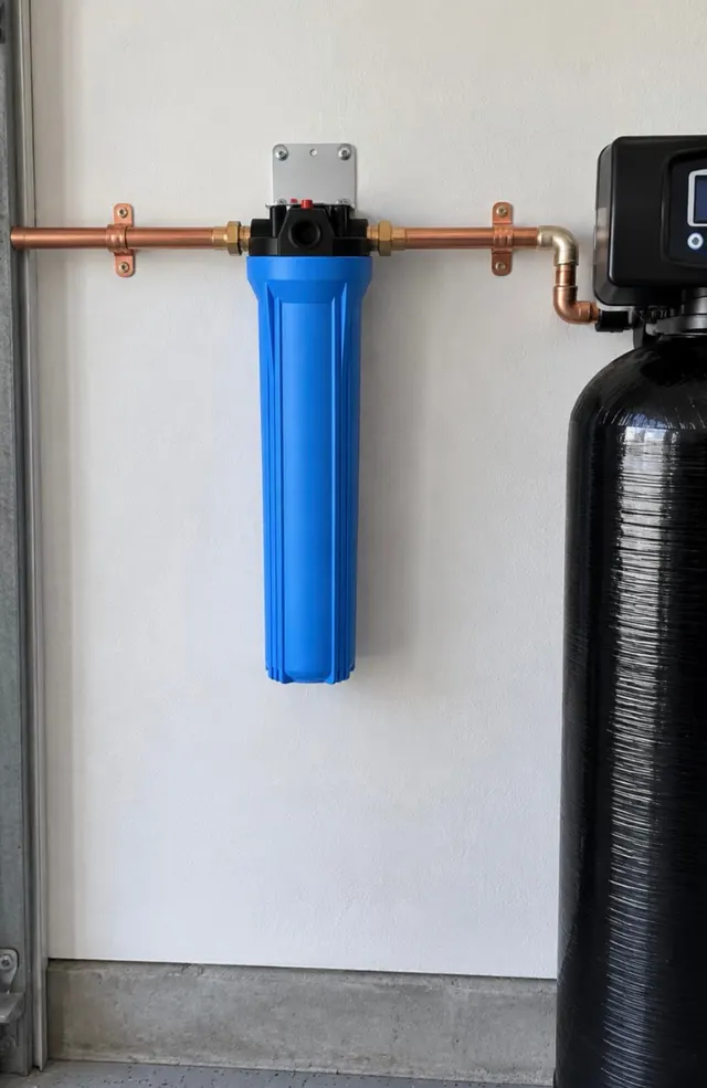 Blue sediment pre-filter housing mounted on copper plumbing next to a softener tank