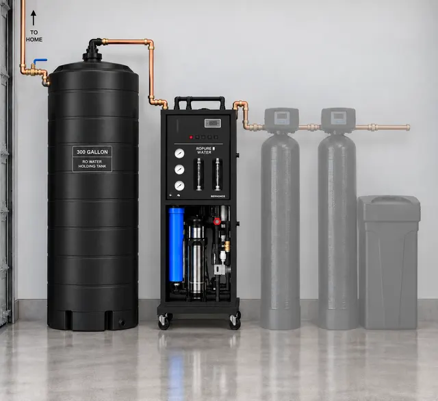 Whole-house reverse osmosis system with a large holding tank in a garage